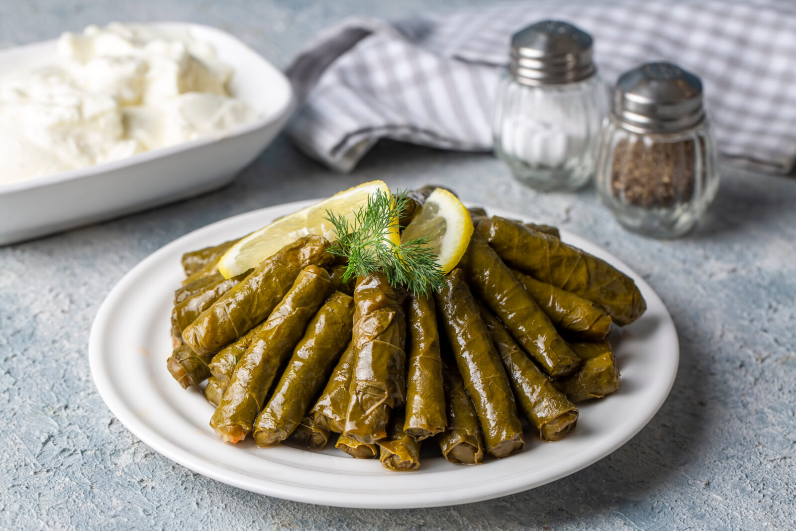 A plate of stuffed grape leaves with ground meat served with lemon and fresh dill. (Adobe Stock Photo)