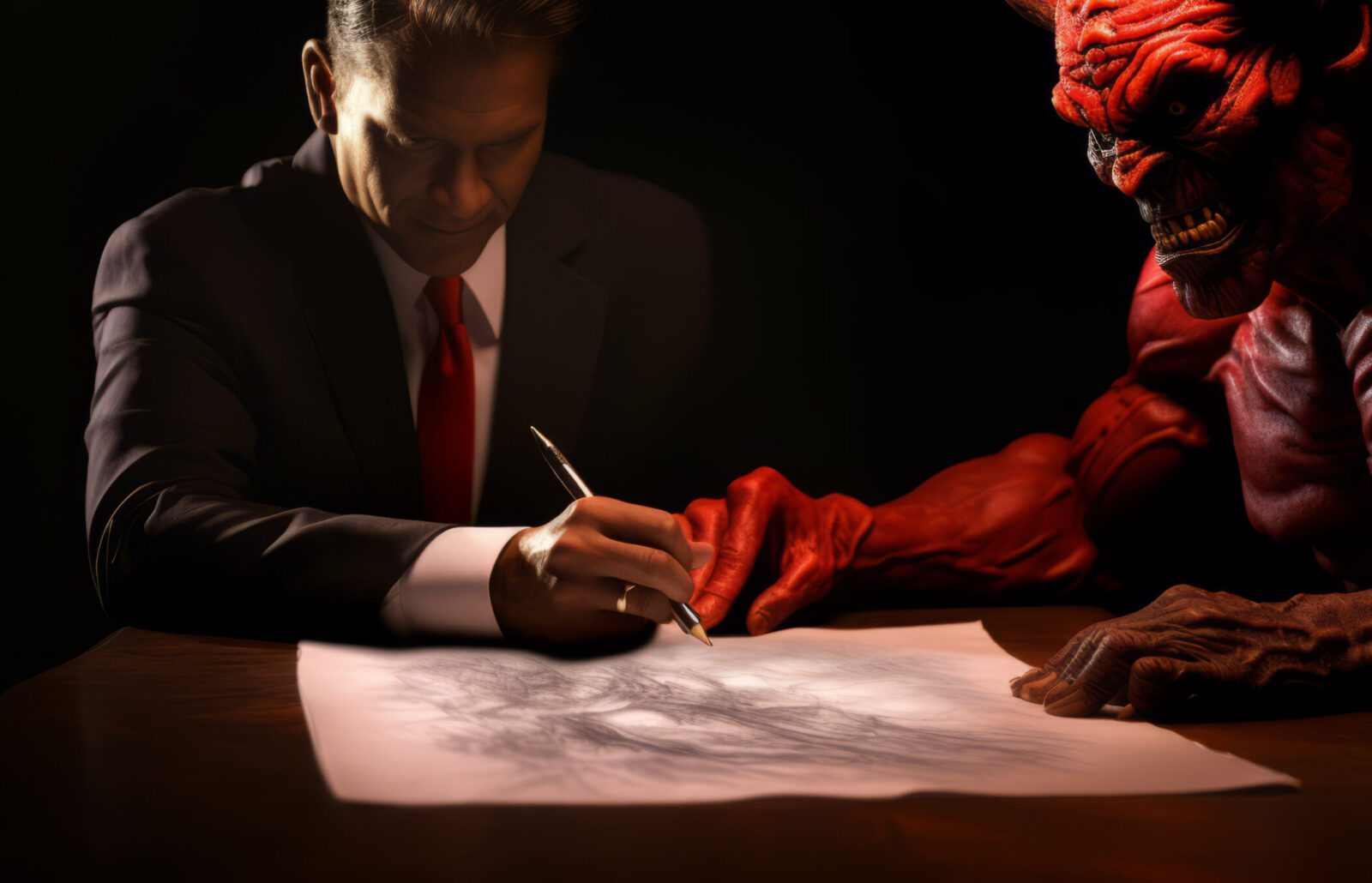 A white-collar worker listening to the devil's guidance at work. (Adobe Stock Photo)