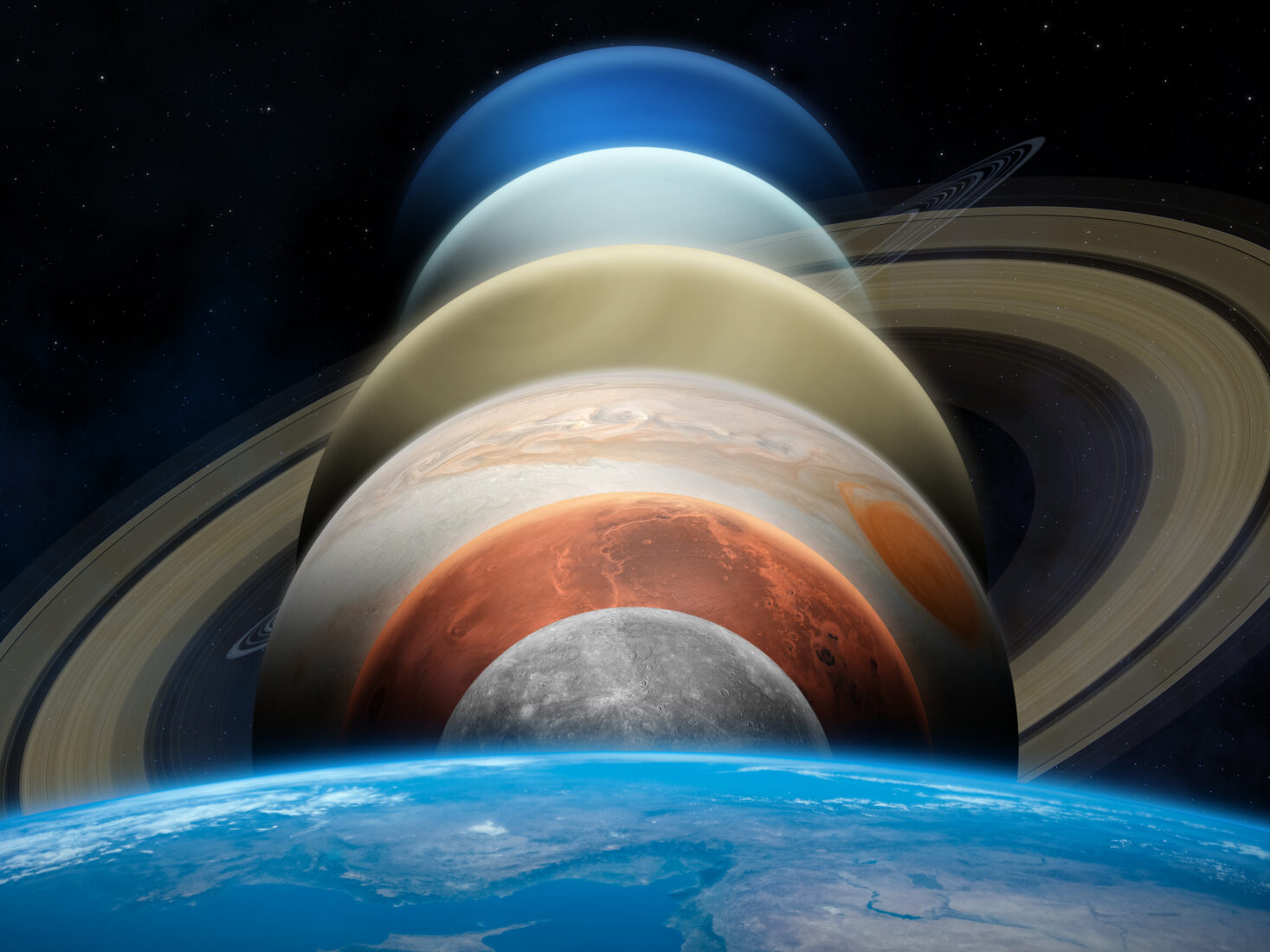 A digital representation of planetary alignment showing planets stacked over Earth’s horizon to visualize their apparent position from our perspective. (Adobe Stock Photo)