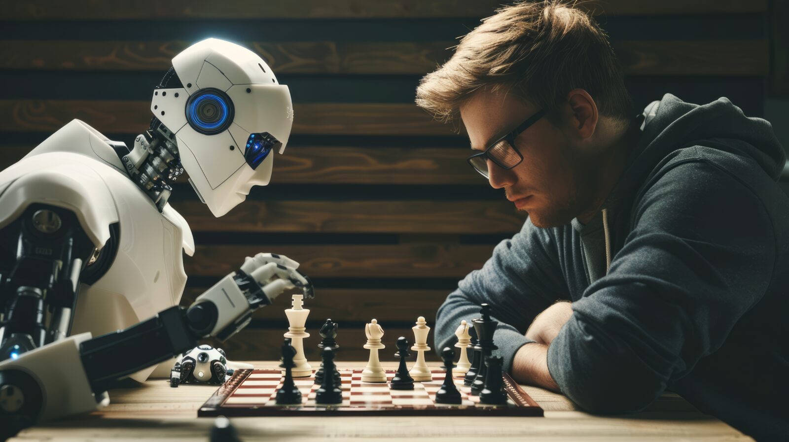 Artificial intelligence, an android robot, plays chess against a man. (Adobe Stock Photo)