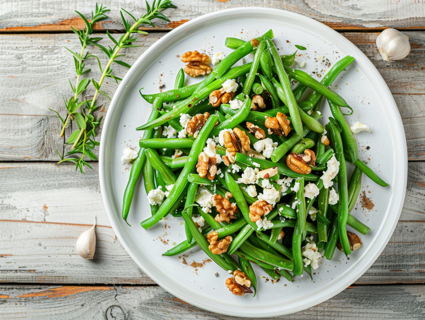 A refreshing side of green beans tossed with crunchy walnuts, garlic, and crumbled white cheese. (Adobe Stock Photo)