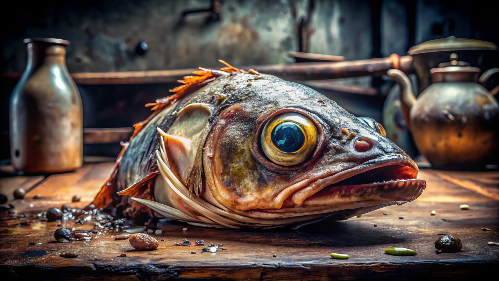 A rotten fish head with slimy skin and bulging eyes lies on a rusty metal table, emitting a putrid stench in a dimly lit kitchen setting. (Adobe Stock Photo)