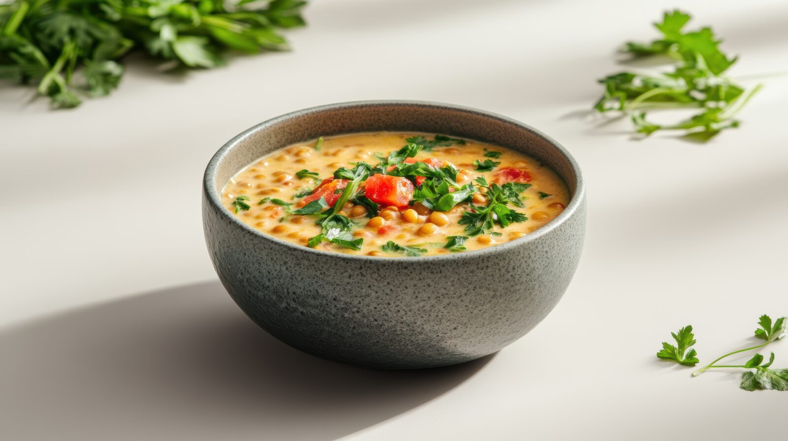 A comforting bowl of lentil and spinach soup thickened with yogurt and topped with chopped parsley brings warmth and protein to the start of the evening fast. (Adobe Stock Photo)