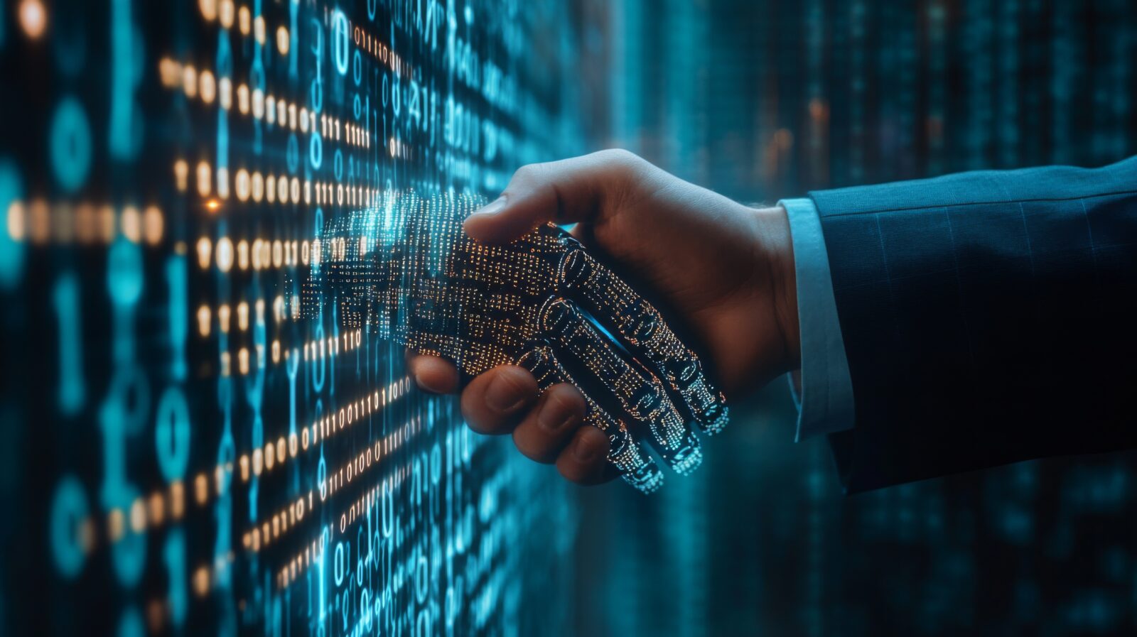 Businessman and robot handshake about tech innovation, machine learning progress and partnership with future artificial general intelligence. (Adobe Stock Photo)