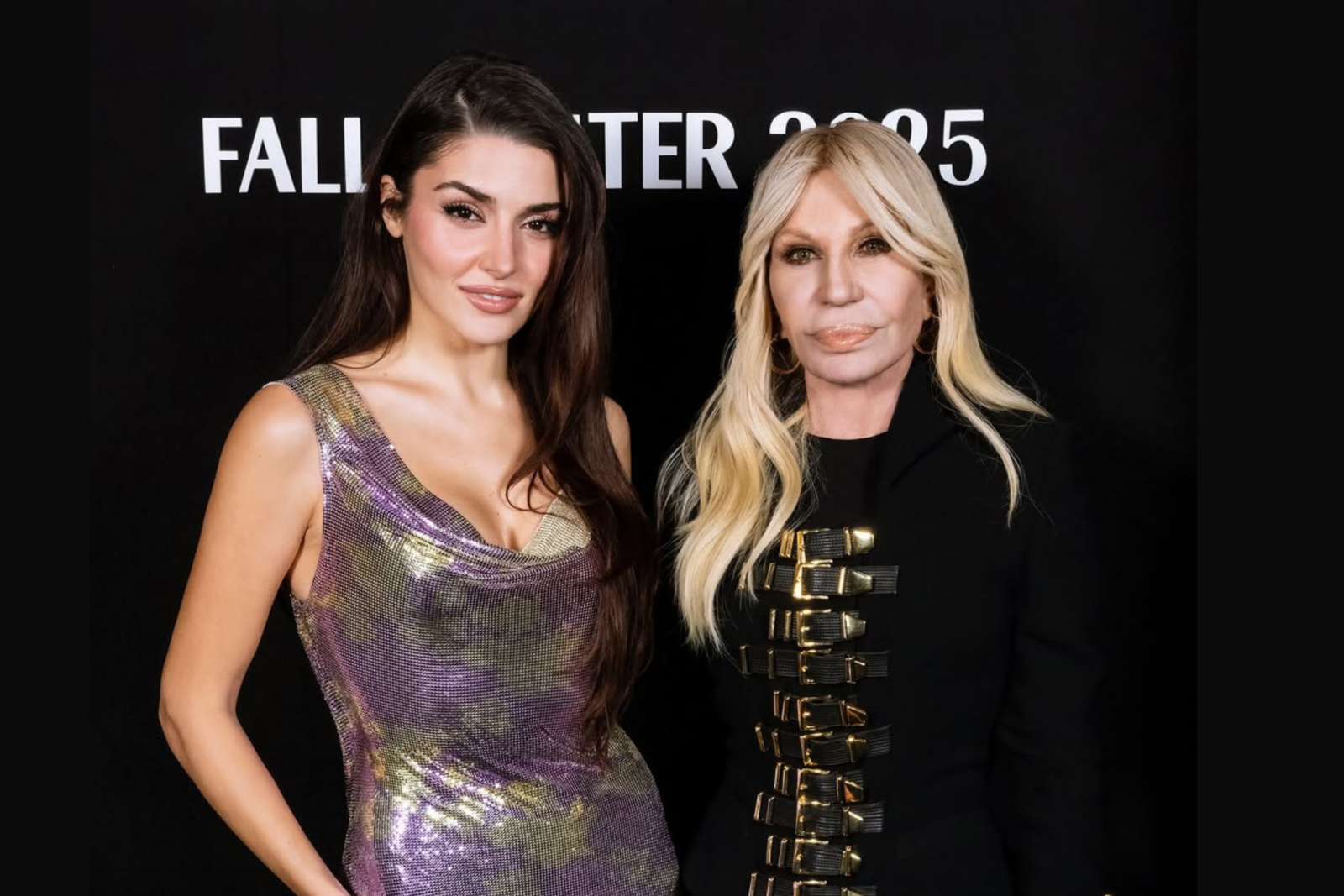 Hande Ercel and Donatella Versace pose together at the Versace Fall/Winter 2025 show during Milan Fashion Week, Italy, Mar. 2, 2025. (Photo via Instagram / @donatella_versace)