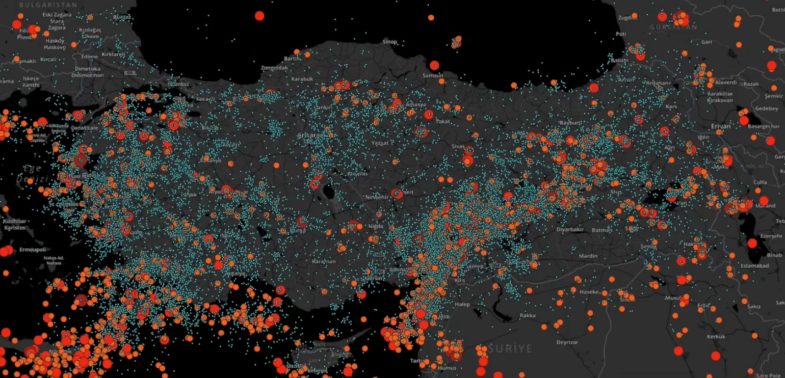 The earthquake map shared by AFAD shows the earthquakes that have occurred in Türkiye and its surrounding areas. (Photo via X)