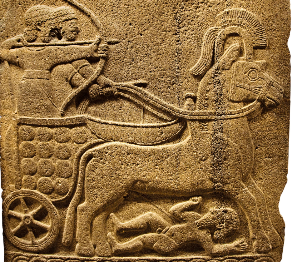A stone relief depicts a chariot crushing an enemy. It was created in the tenth to eighth centuries B.C. in the neo-Hittite kingdom of Karkemish, Gaziantep, Türkiye. (Photo via Museum of Anatolian Civilizations)