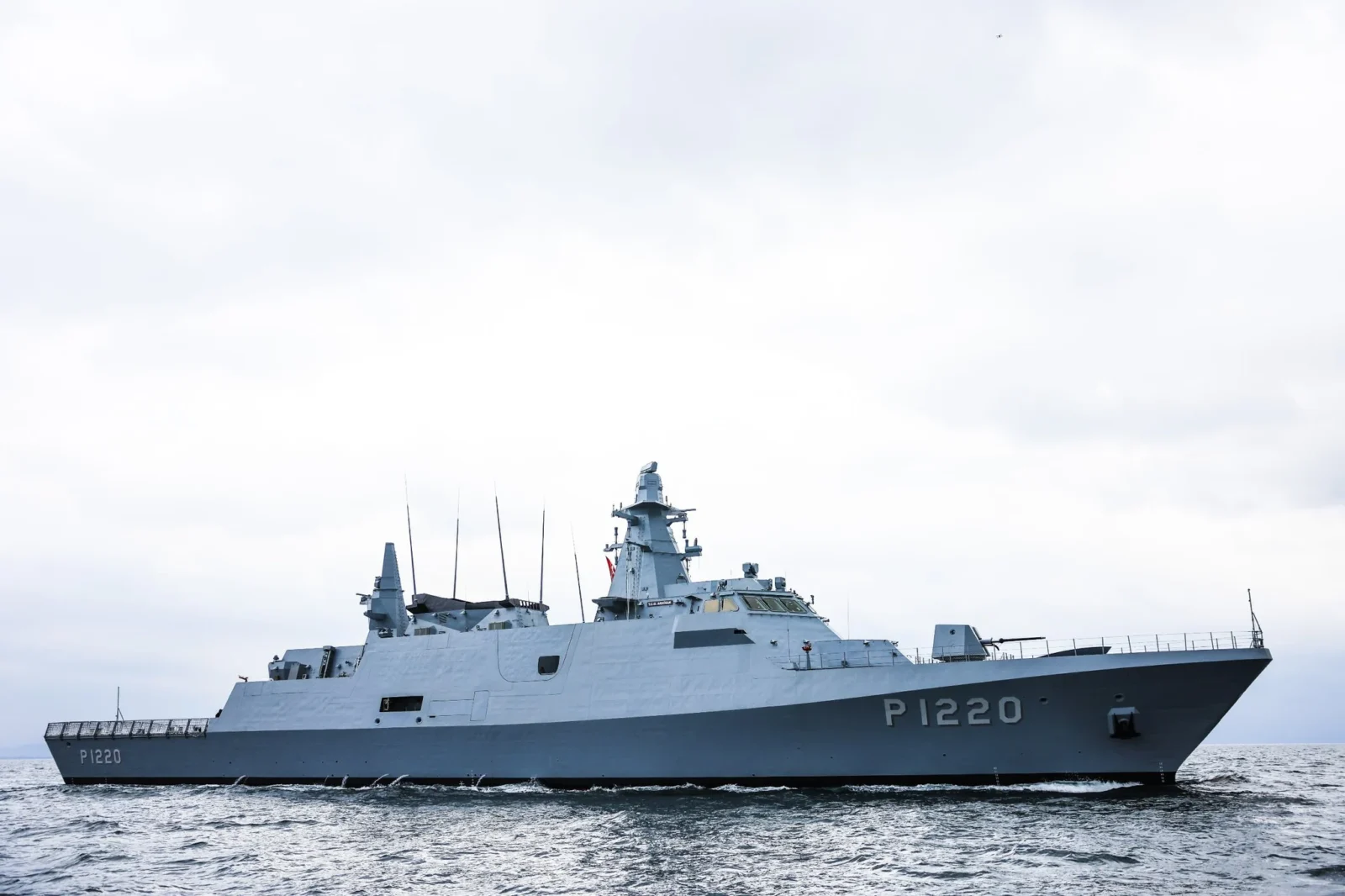 View of an Offshore Patrol Vessel Project (OPV) belonging to the Turkish Naval Forces during sea trials in Türkiye on an undated date. (Photo: X / @tcsavunma)