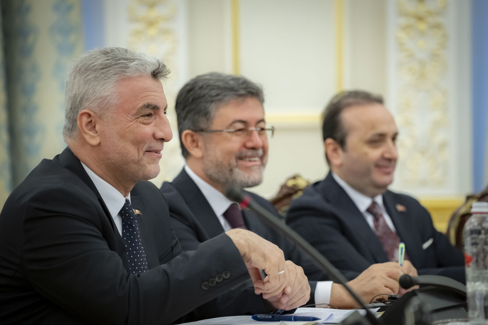 Turkish Trade Minister Omer Bolat (L) and Agriculture and Forestry Minister Ibrahim Yumakli (C) attend a high-level diplomatic meeting with Ukrainian President Volodymyr Zelensky in Kyiv, Ukraine, March 13, 2025. (Photo via X/@ZelenskyyUa)