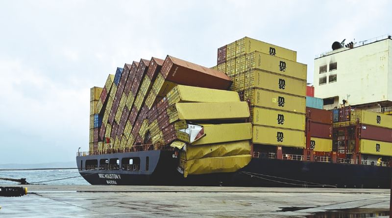 MSC Houston V lost 15 containers off Portugal’s coast due to Storm Martinho. (Photo via X/@shipwrecklog)