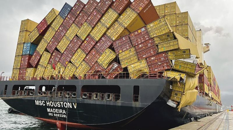 MSC Houston V docked in Vigo for cargo stabilization, Spain. (Photo via X/@shipwrecklog)