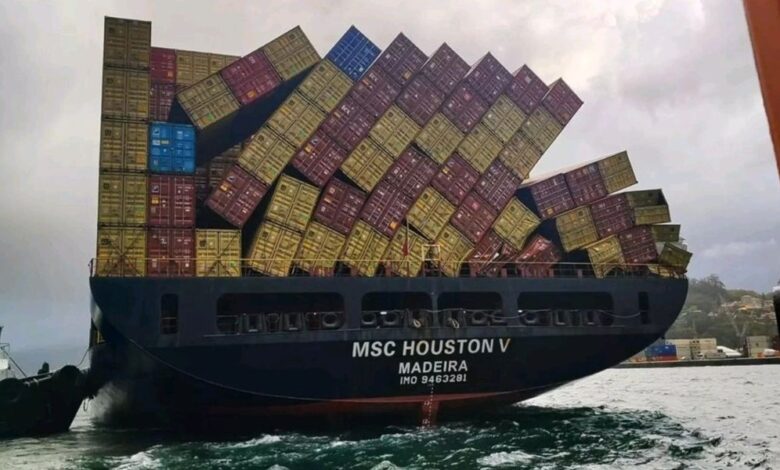 MSC Houston V lost 15 containers off Portugal’s coast due to Storm Martinho. (Photo via X/@shipwrecklog)