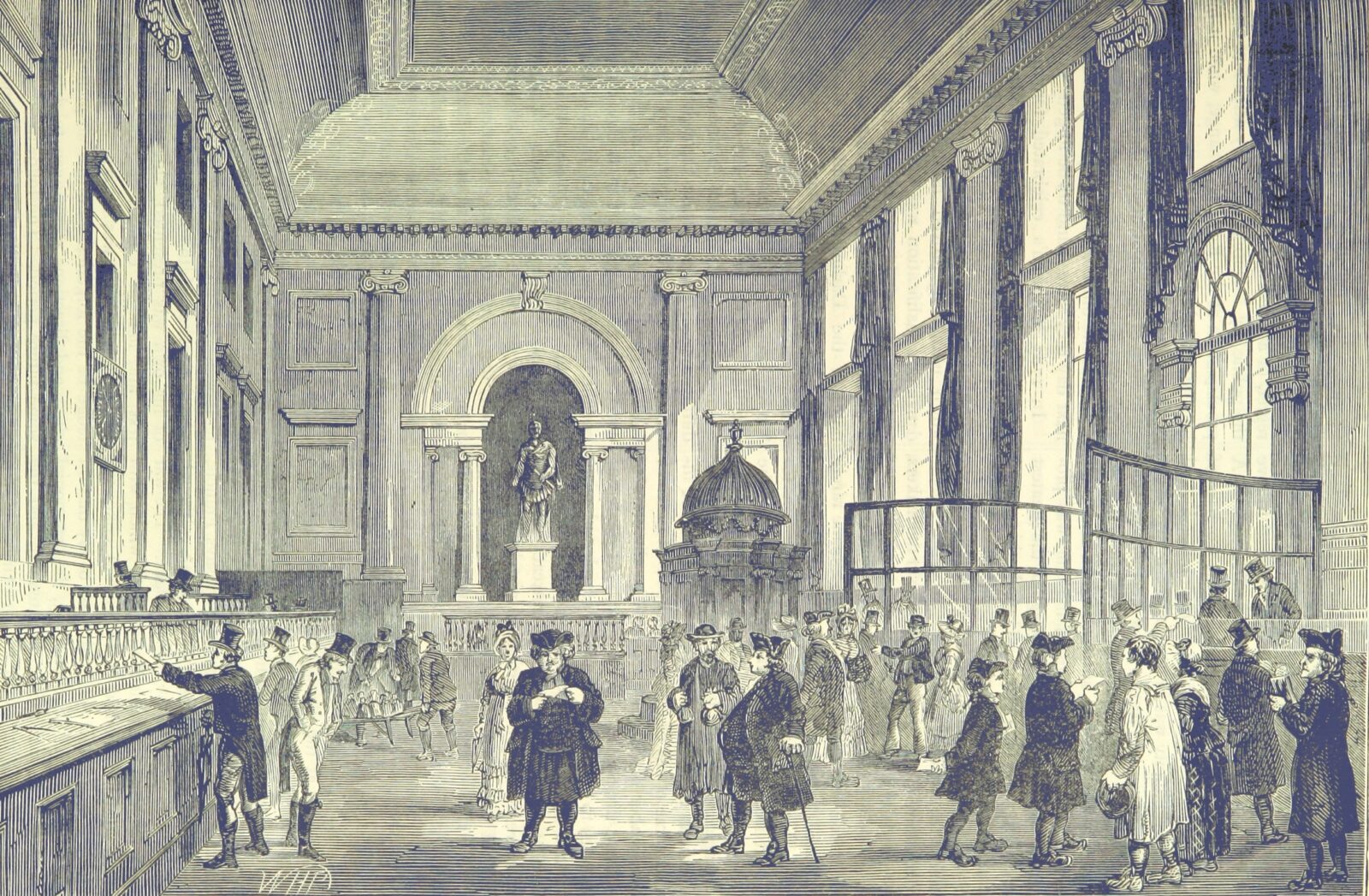 Dividend Day at the Bank of England, 1770; Image extracted from page 481 of volume 1 of Old and New London, Illustrated, by Walter Thornbury. (Photo via British Library)