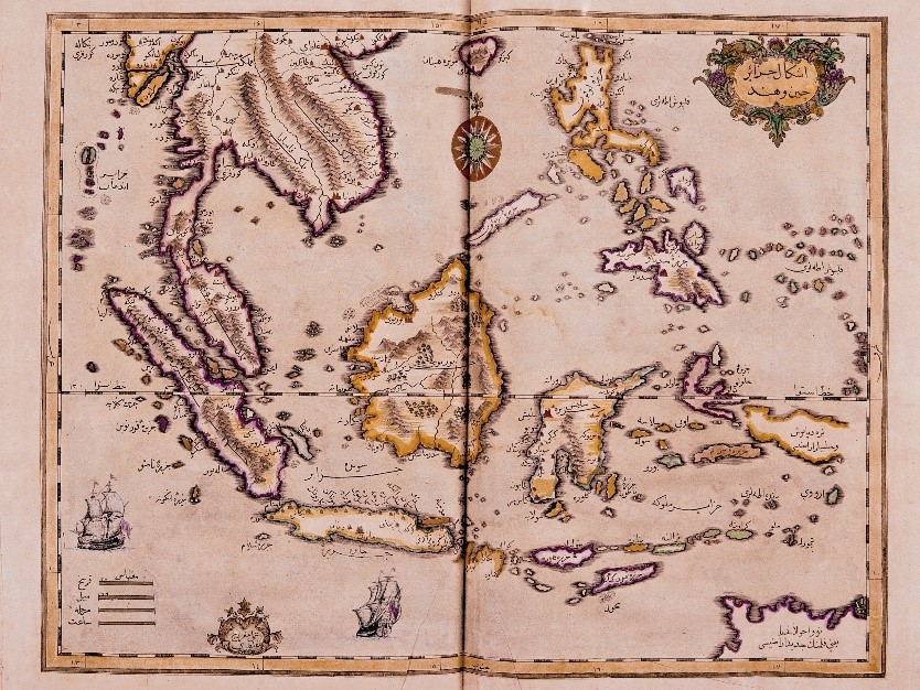 The map of Southeast Asia, including Indonesia, was engraved in 1728 by Ottoman cartographer and publisher Ibrahim Muteferrika; it is one of a series that illustrated Katib Celebi’s Cihannuma,1648. (Photo via Cambridge University Library)