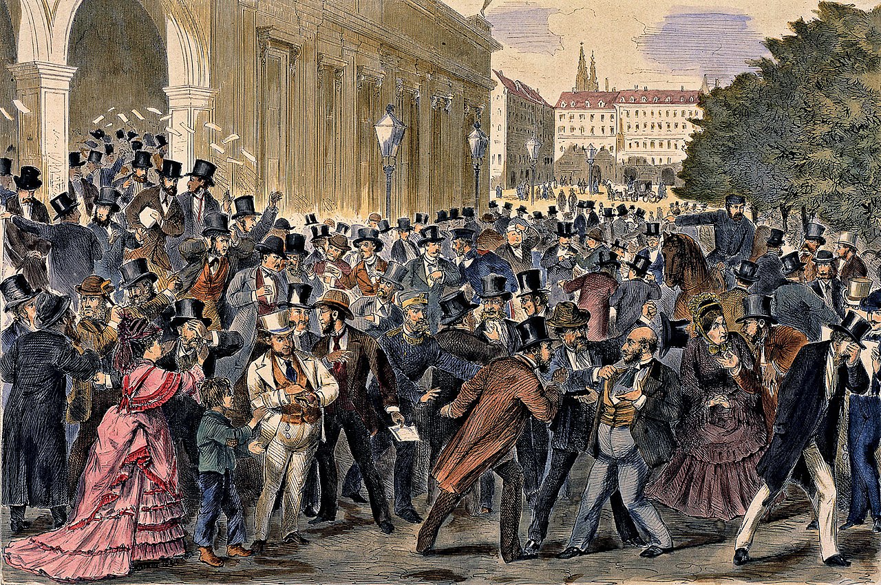 Black Friday on May 9, 1873, at the Vienna stock exchange, wood engraving from 1873. (Photo via Wikimedia)