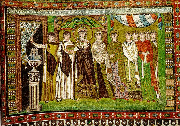 Empress Theodora and her attendants are depicted in a 6th-century early Christian mosaic from the Basilica of San Vitale in Ravenna, Italy. (Courtesy of Wikipedia)