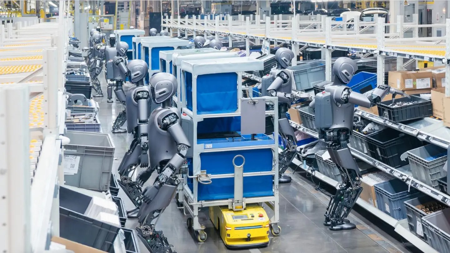 A promotional photo shows a fleet of UBTech Walker S1 robots performing logistics tasks in a smart factory, accessed on March 26, 2025. (Courtesy of UBTech)