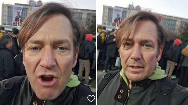 Michael Anthony Ganoe is seen during a live broadcast on his personal social account at Imamoglu protests in Istanbul's Sarachane, accessed on March 24, 2025. (Photo via Yeni Safak)