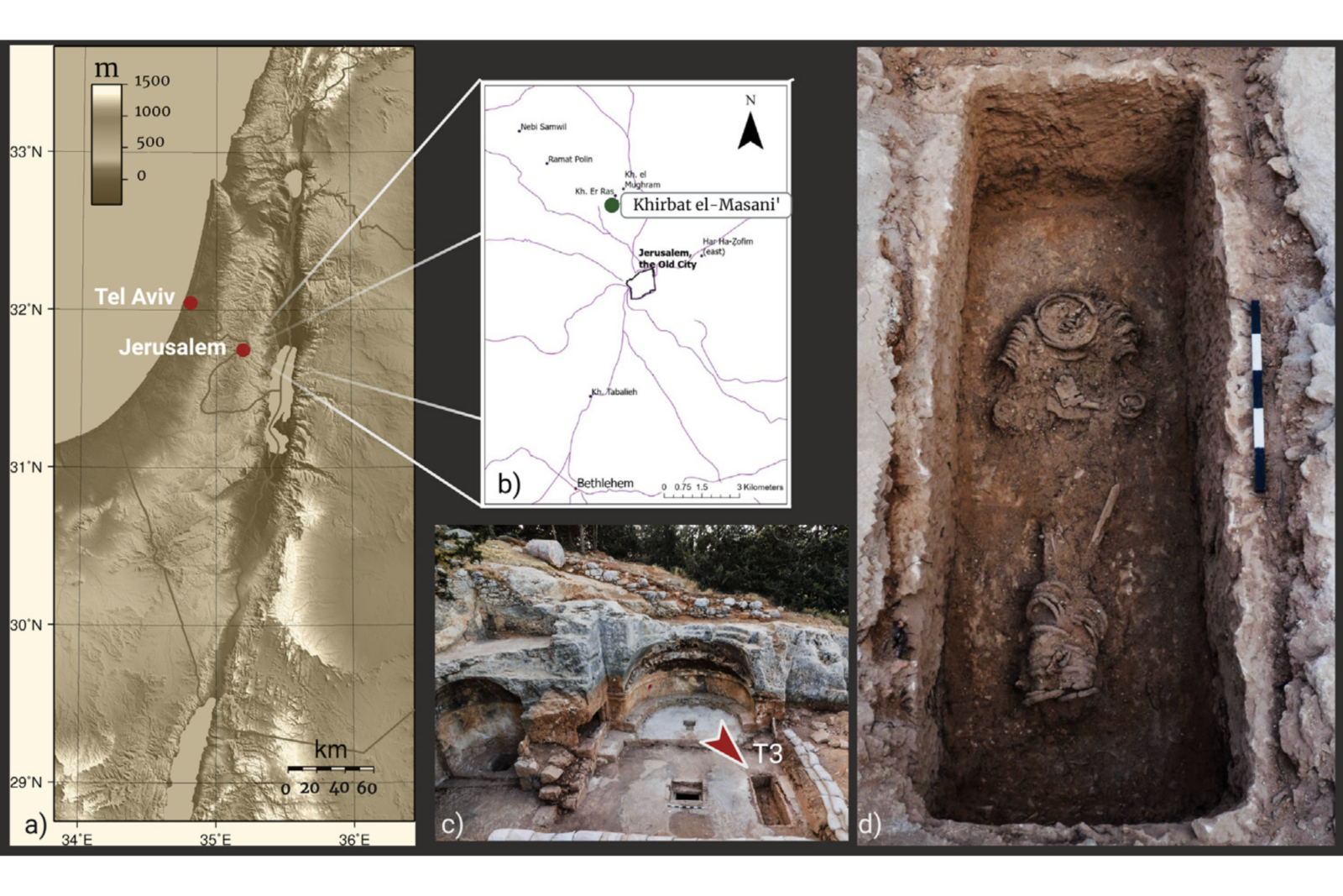 A map showing Khirbat el-Masani near Jerusalem, with the El-Masani church ruins and the T3 cist tomb where a chained individual was found, Israel, Mar. 3, 2025. (Courtesy of Matan Chocron, IAA)