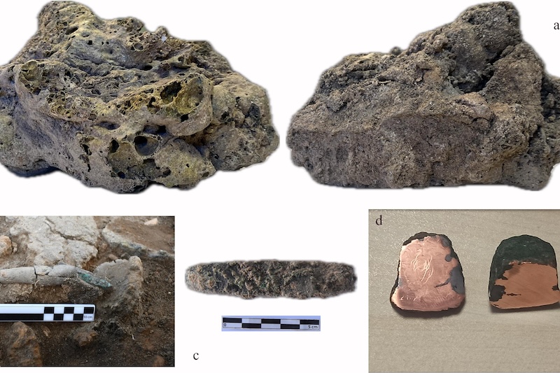 (a) Front and back surfaces of vitrified material. (b) A composite tool, a chisel-axe with a bone handle resembling stone axes. (c) Chisel-axe. (d) Cross-section of a copper object. (Photo via Muskara, U., Bozbas, S. K., Telli, M. B., & Konak, A.)