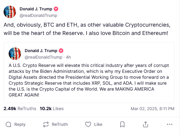 A screen grab shows U.S. President Trump's post about cryptocurrencies on his Truth Social account. (Photo via Truth Social/@realDonaldTrump)