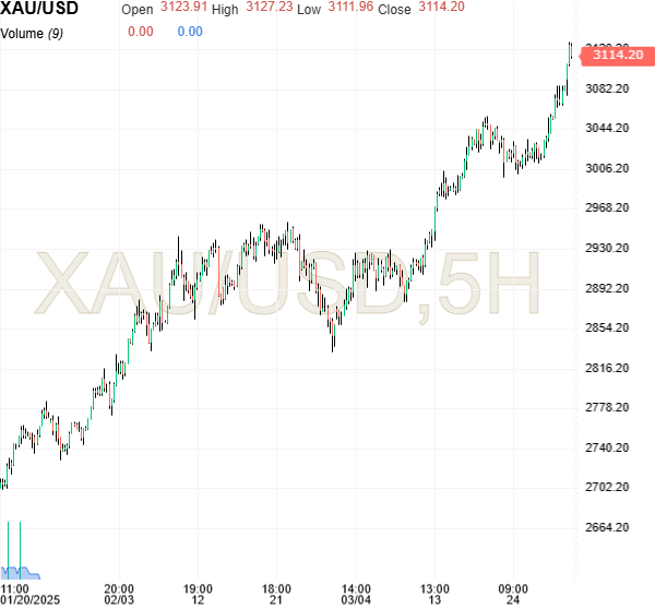 The 5-hour candlestick chart illustrates spot gold price movements since Jan 20, when U.S. President Trump took office, on March 31, 2025. (Chart via investing.com)