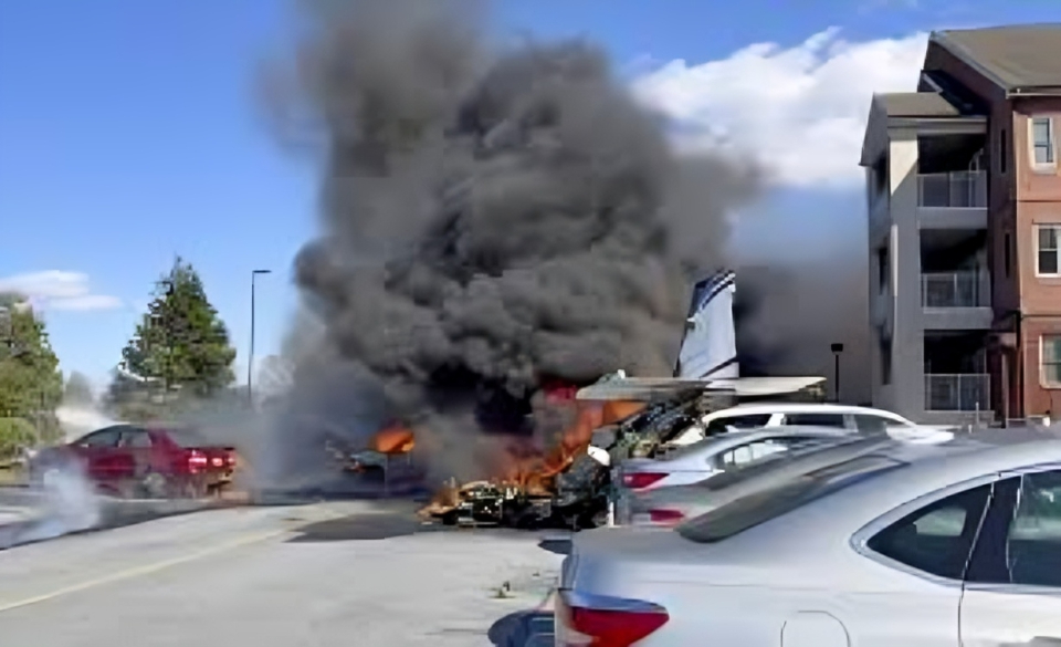 The photo shows the scene of a small plane crash amid rising smoke in Lancaster County, Pennsylvania, U.S. on March 10, 2025. (Photo via ABC News)