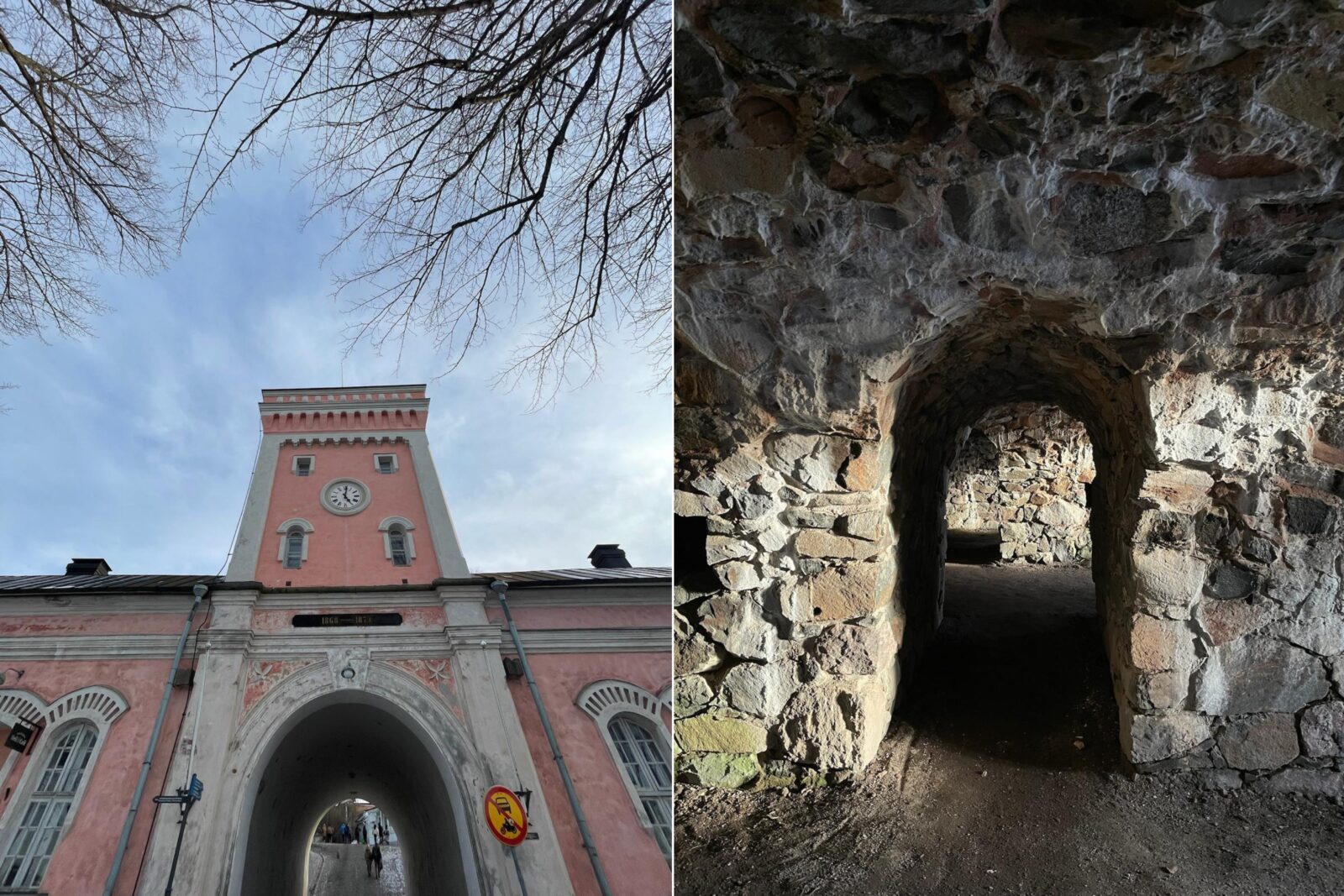 The historic fortress gate (L) and the interior of the fortress (R) on Suomenlinna Island, Finland, March 15, 2025. (Photo via Koray Erdogan/Türkiye Today)