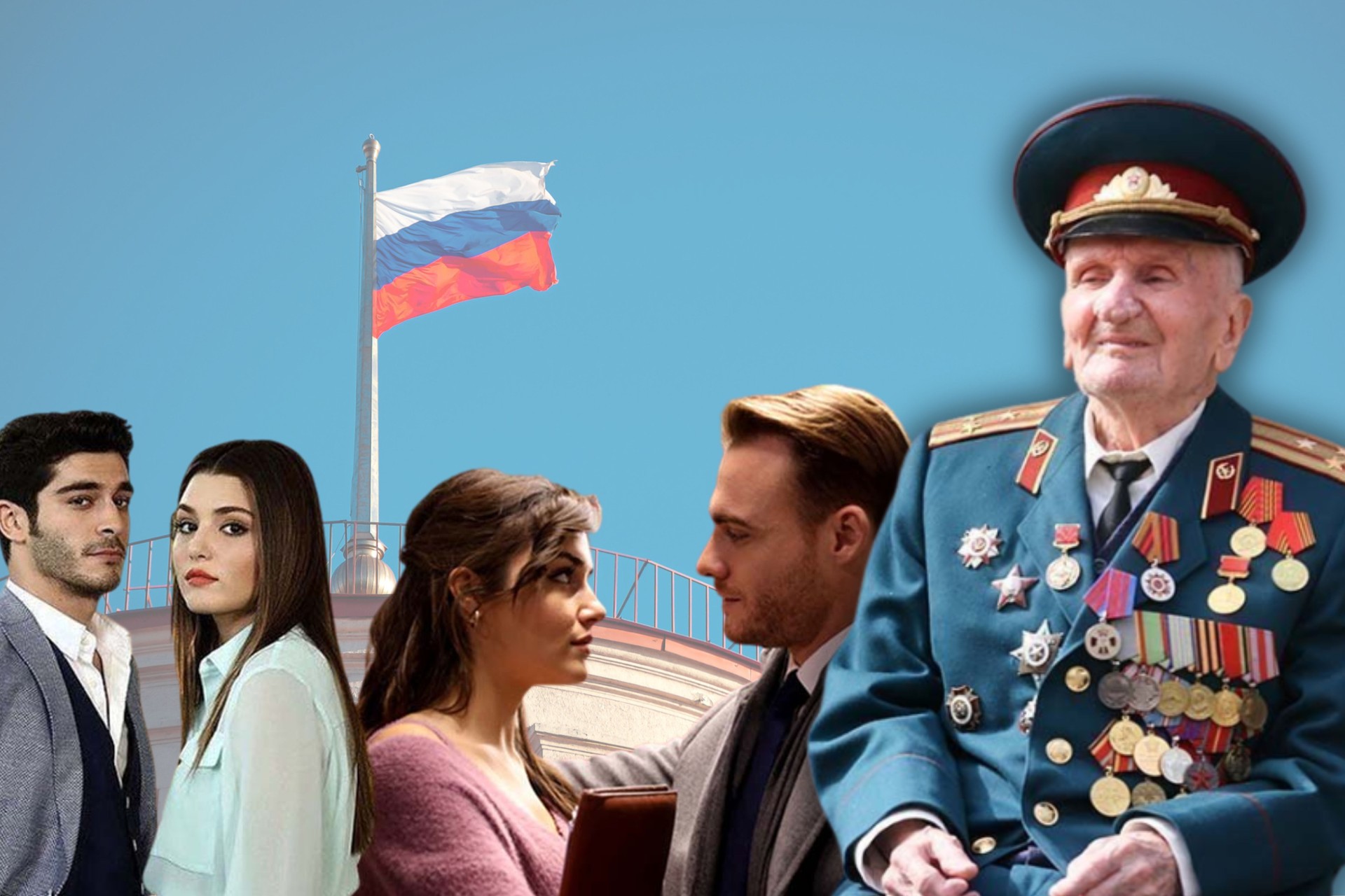 An elderly Russian veteran with a few popular Turkish actors in the background. (Photo collage by Türkiye Today team)