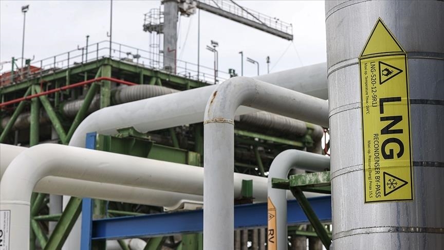 File photo shows a liquefied natural gas (LNG) facility featuring intricate pipeline infrastructure and safety signage. (AA Photo)