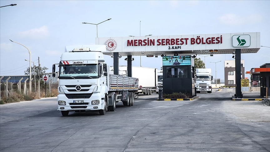 Trucks pass through the entrance of Mersin Free Zone, one of Türkiye's key trade hubs in Mersin, Türkiye. (AA Photo)