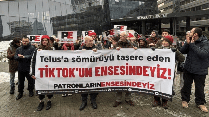 Protesters in Türkiye rally in front of TikTok’s office, condemning outsourcing firm Telus for suppressing workers' right to unionize, underpaying wages, and ignoring workplace harassment allegations, Istanbul, Türkiye, Feb. 22, 2025. (Photo via X)