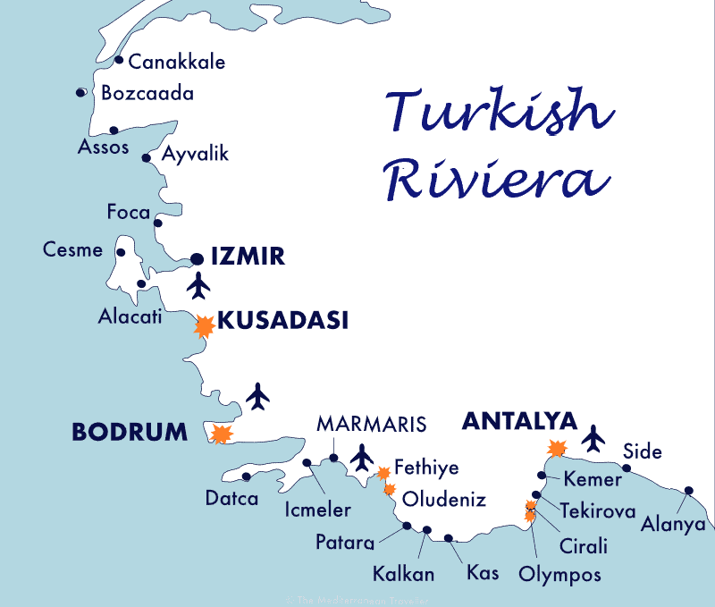 A map showing key locations and airports on the Turkish Riviera. (Mapping by Travel Groove)