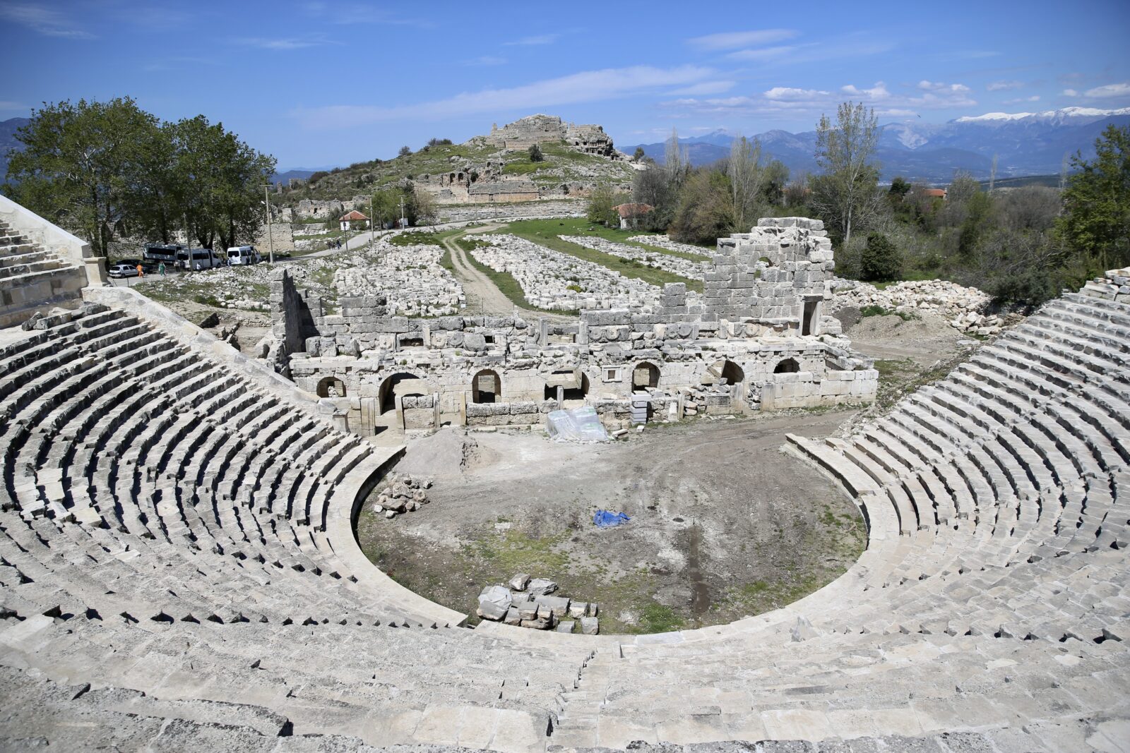 A view shows the ancient city of Tlos, which is counting down the days to host new performances, as restoration work faithful to the original structure nears completion in the Seydikemer district of Mugla, Türkiye, April 12, 2025. (AA Photo)