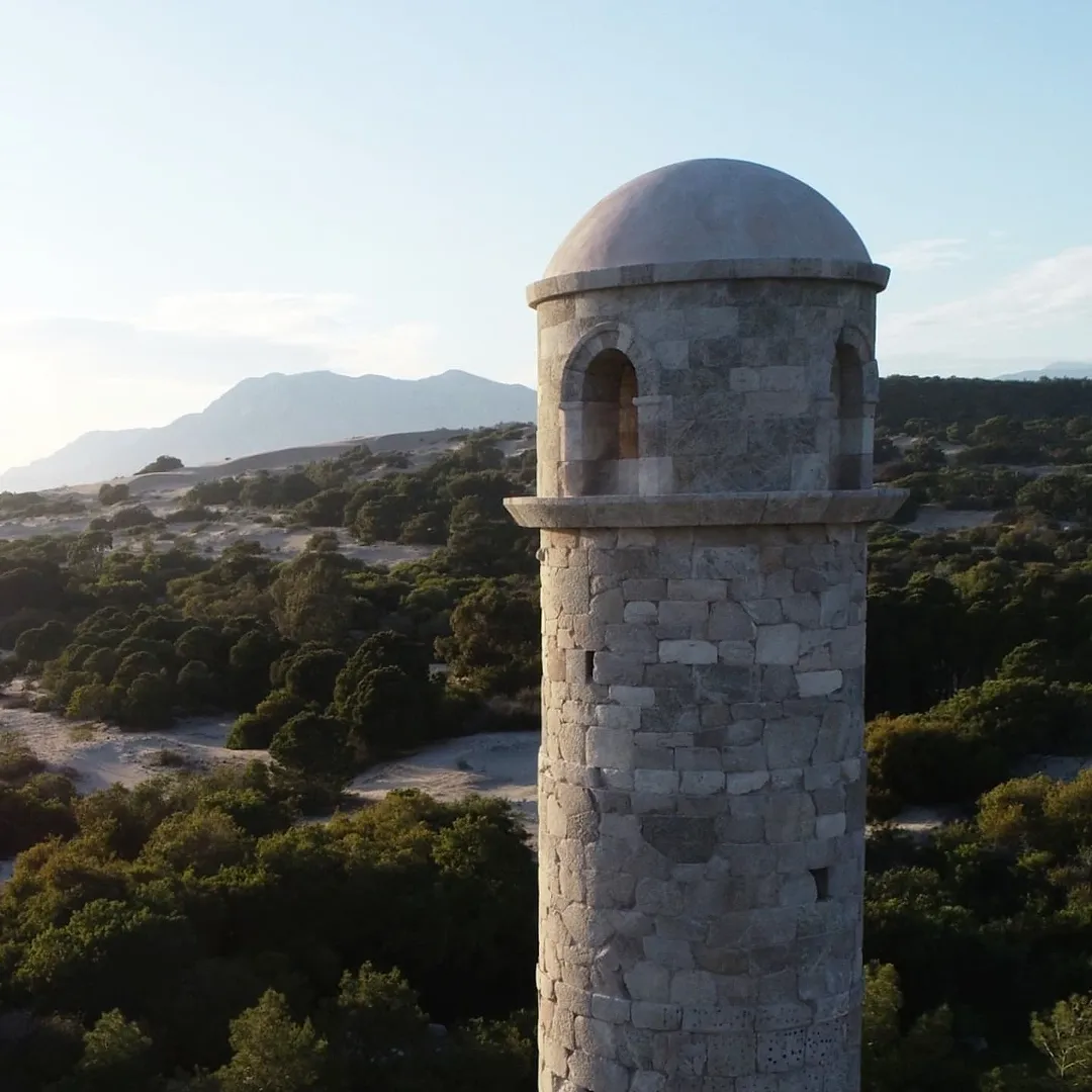 Aerial view of the 2,000-year-old Patara Lighthouse in the Kas district of Antalya, Türkiye, April 15, 2025. (Photo via Patara Excavations)