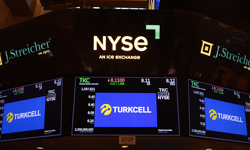 Digital screens display Turkcell’s logo, stock symbol (TKC), and trading data at the trading floor of the New York Stock Exchange in the U.S. on July 9, 2024. (AA Photo)