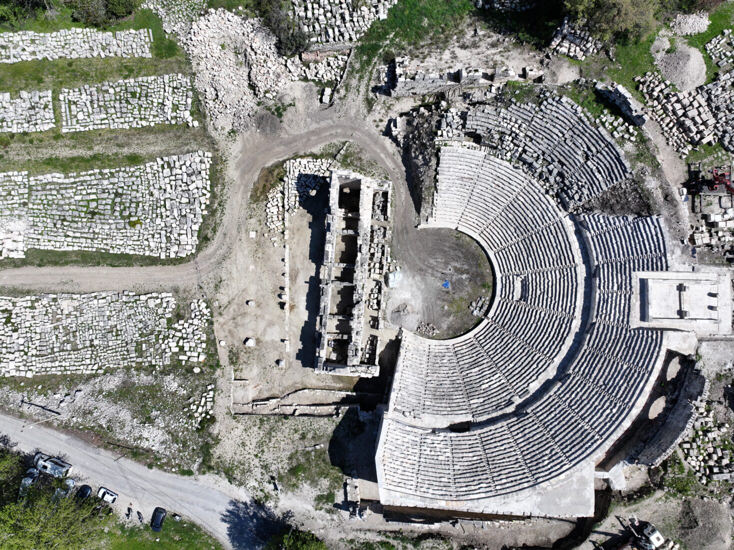 An aerial view shows the ancient city of Tlos, which is counting down the days to host new performances, as restoration work faithful to the original structure nears completion in the Seydikemer district of Mugla, Türkiye, April 12, 2025. (AA Photo)