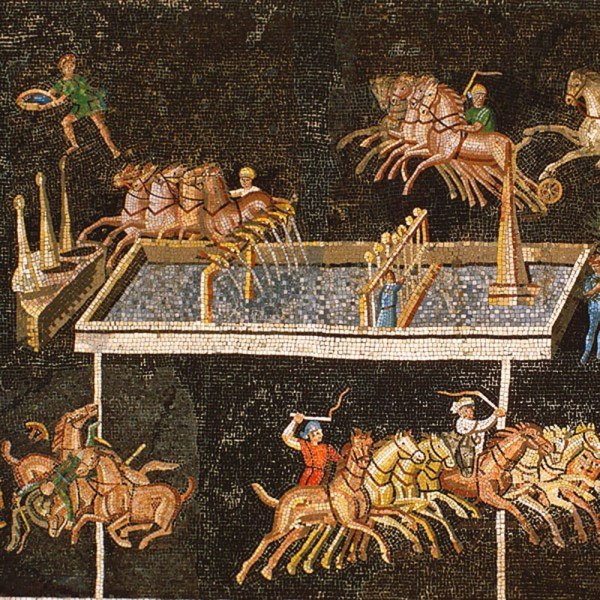 Discovered in 1806 in the Ainay area of Lyon (ancient Lugdunum), the Circus Games Mosaic is a second-century Roman mosaic depicting a chariot race on quadrigas. (Photo via Gallo-Roman Museum)