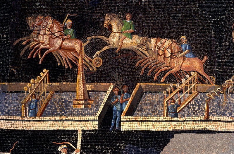 Discovered in 1806 in the Ainay area of Lyon (ancient Lugdunum), the Circus Games Mosaic is a second-century Roman mosaic depicting a chariot race on quadrigas. (Photo via Gallo-Roman Museum)