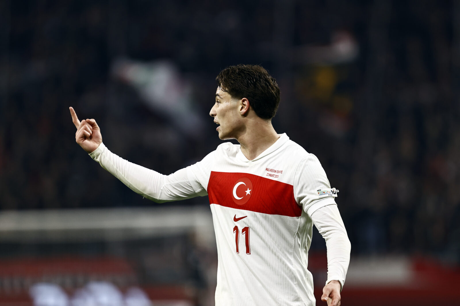 Kenan Yildiz of Türkiye reacts during the UEFA Nations League A/B play-off second leg match between Hungary and Türkiye at Puskas Arena in Budapest, Hungary, on March 23, 2025. (AA Photo)