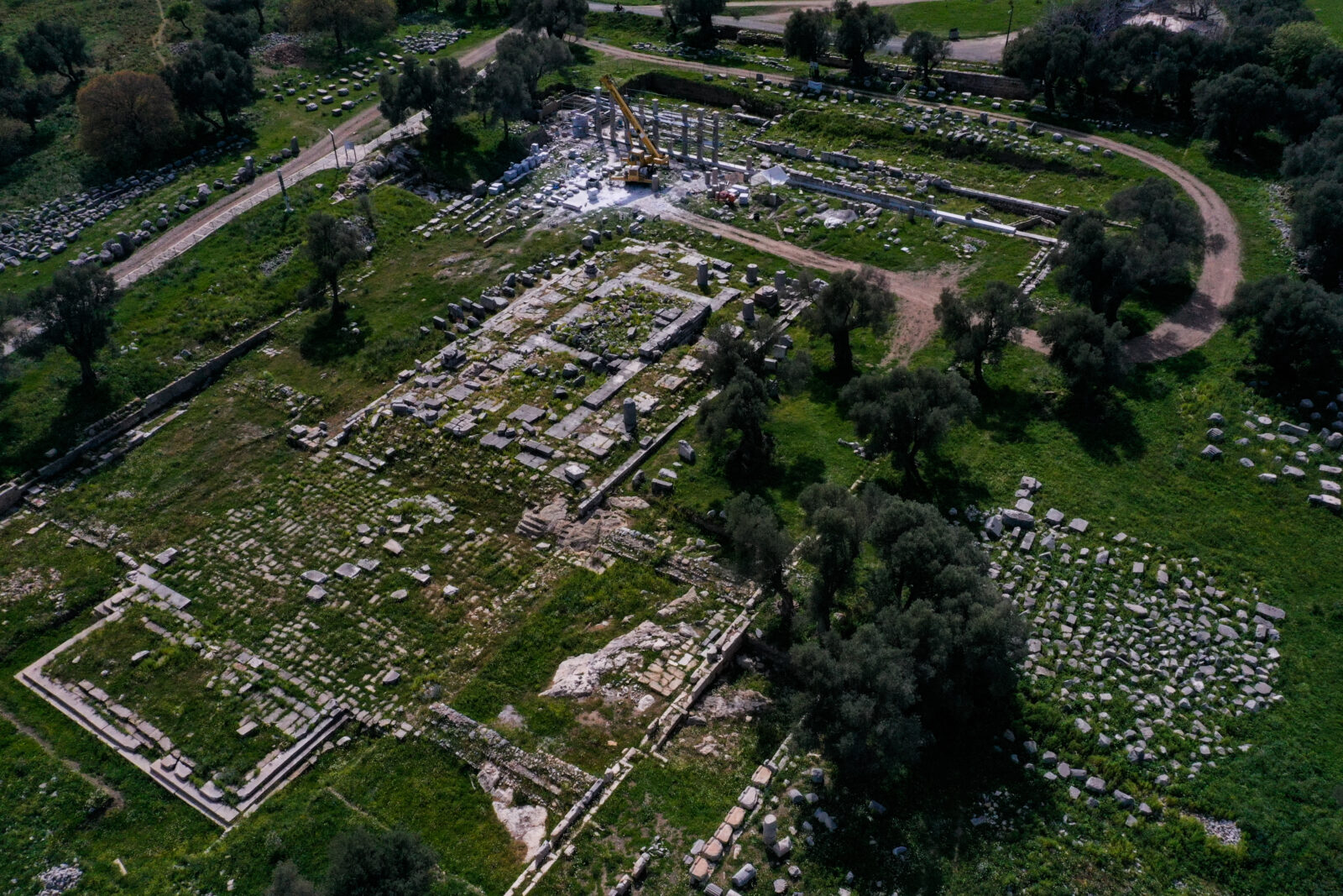An aerial view of the ancient city of Teos, located in the Seferihisar district as columns around the Temple of Dionysus are being restored to their original standing position, revitalizing the historical heritage, in Izmir, Türkiye, March 31, 2025. (AA Photo)