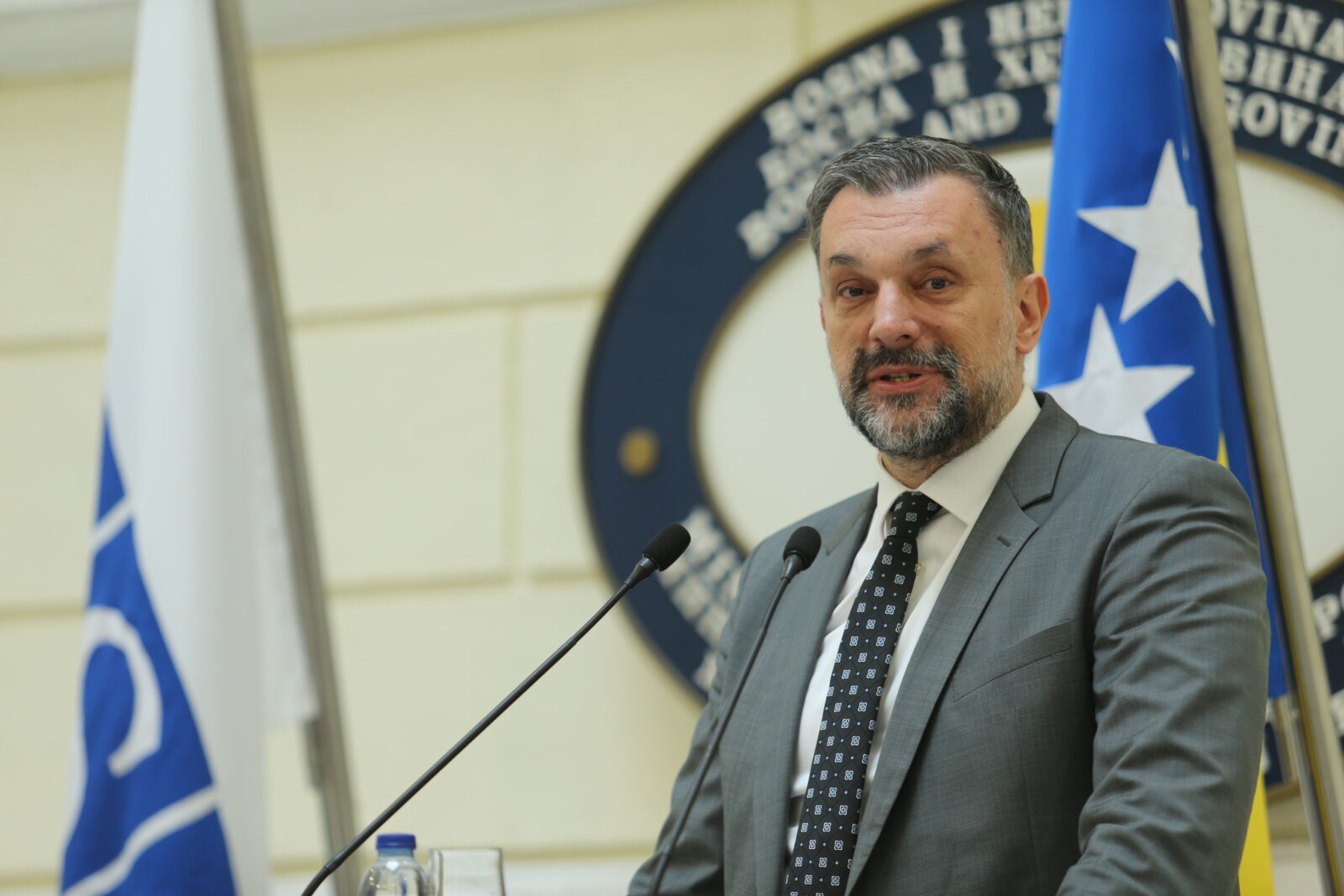 Bosnia and Herzegovina's Foreign Minister Elmedin Konakovic speaks during a joint press conference with OSCE Secretary General Feridun Sinirlioglu (not seen) in Bosnian capital, Sarajevo, April 1, 2025. (AA Photo)