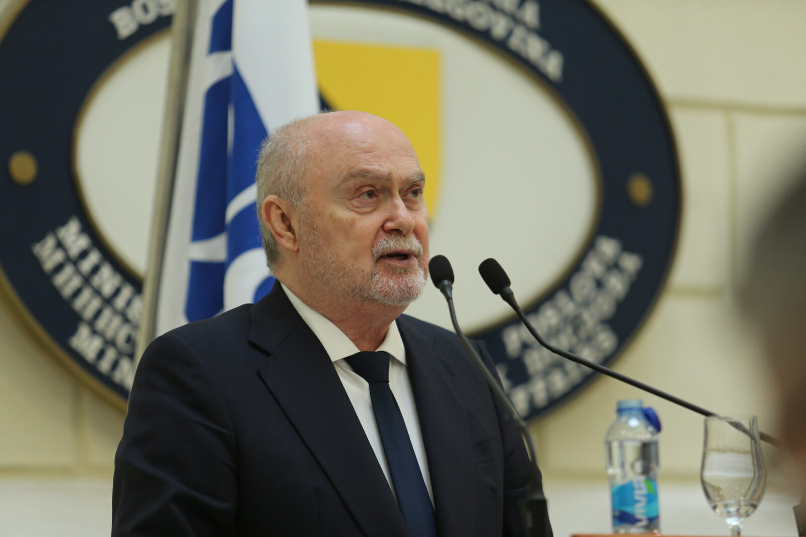 OSCE Secretary General Feridun Sinirlioglu meets with Bosnia and Herzegovina's Foreign Minister Elmedin Konakovic (not seen) during his official visit to the Bosnian capital, Sarajevo, April 1, 2025. (AA Photo)