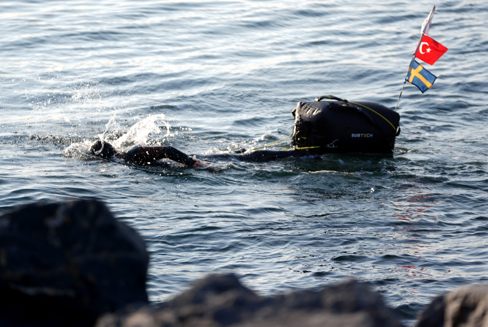 Swedish swimmer Jari Cennet Tammi's swimming journey is accompanied by the Sarayburnu Conquerors group, Istanbul, Türkiye, April 6, 2025. (AA Photo)