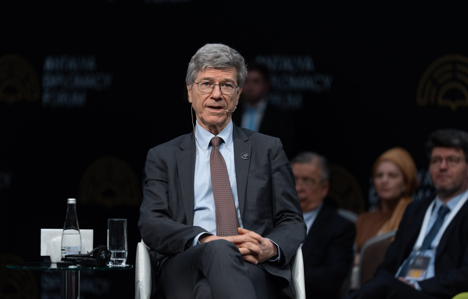 President of the U.N. Sustainable Development Solutions Network Jeffrey Sachs speaking at the 4th Antalya Diplomacy Forum in Türkiye, on April 12, 2025. (AA Photo)