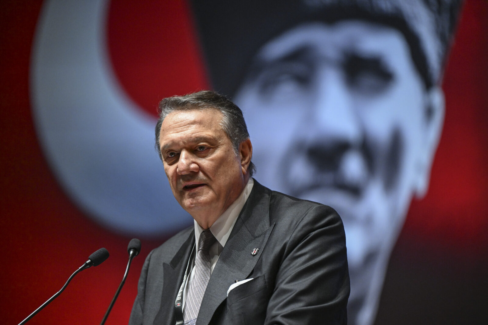 Former Besiktas president Hasan Arat speaks at the club’s 2025 first regular high council meeting held at ICEC Istanbul Lutfi Kirdar Congress and Exhibition Center, Istanbul, Türkiye, April 12, 2025. (AA Photo)