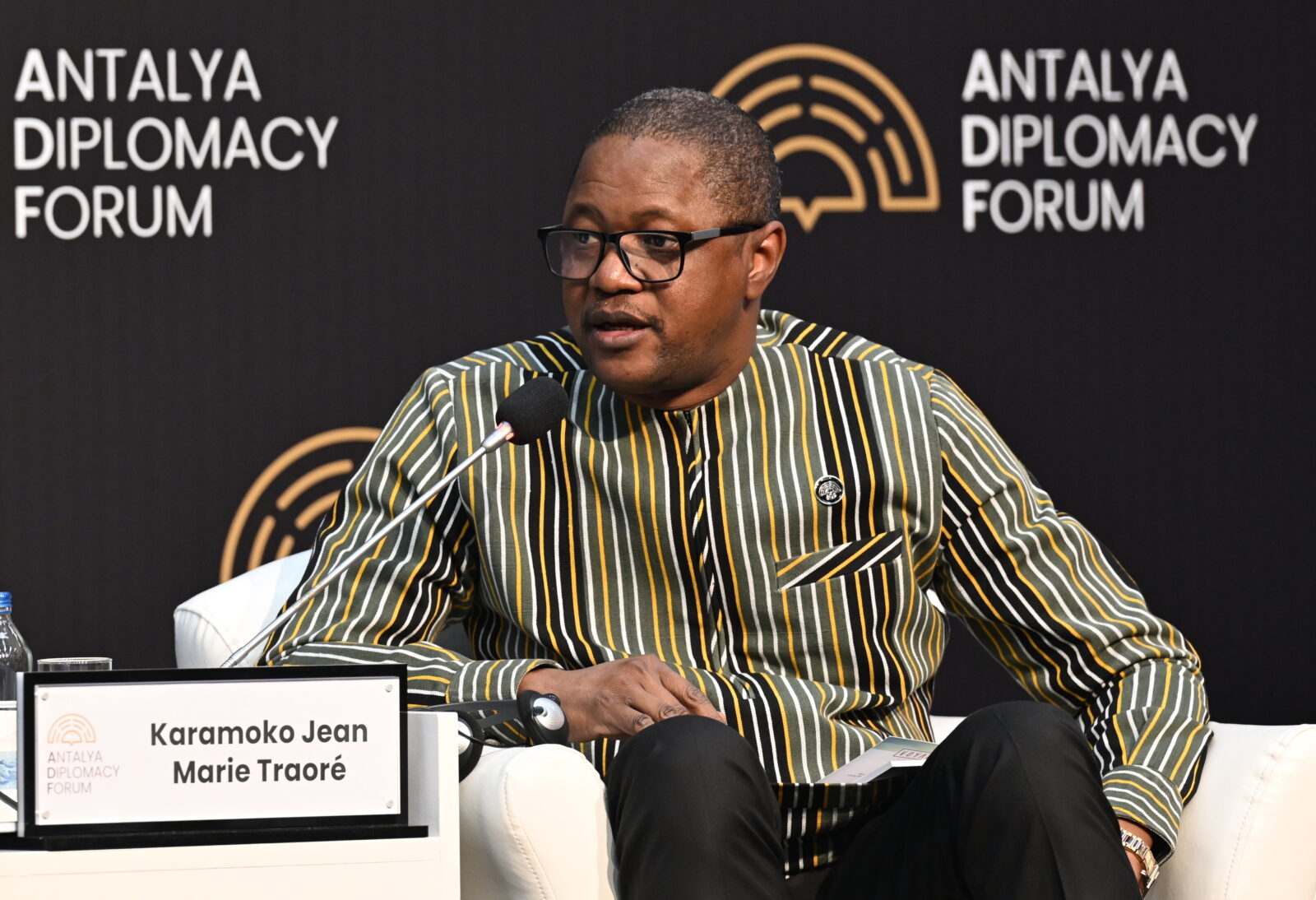 Karamoko Jean Marie Traore, Minister of Foreign Affairs, Regional Cooperation and Burkinos Abroad of the Republic of Burkina Faso, attends 'Sahel: The Future of Regional Integration' panel as part of the 4th Antalya Diplomacy Forum (ADF2025) at NEST Congress Center in Antalya, Turkiye, on April 12, 2025. (AFP Photo)