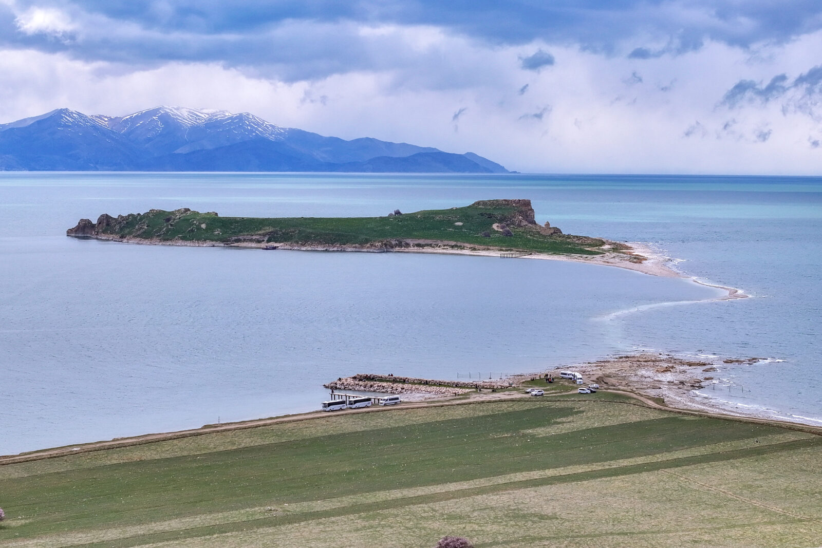 An aerial view shows the ancient road to Carpanak Island in Lake Van, where water loss due to drought and excessive evaporation has caused some historical structures and microbialites, formed over thousands of years, to become visible as a result of shoreline retreat, in Van, Türkiye, April 11, 2025. (AA Photo)