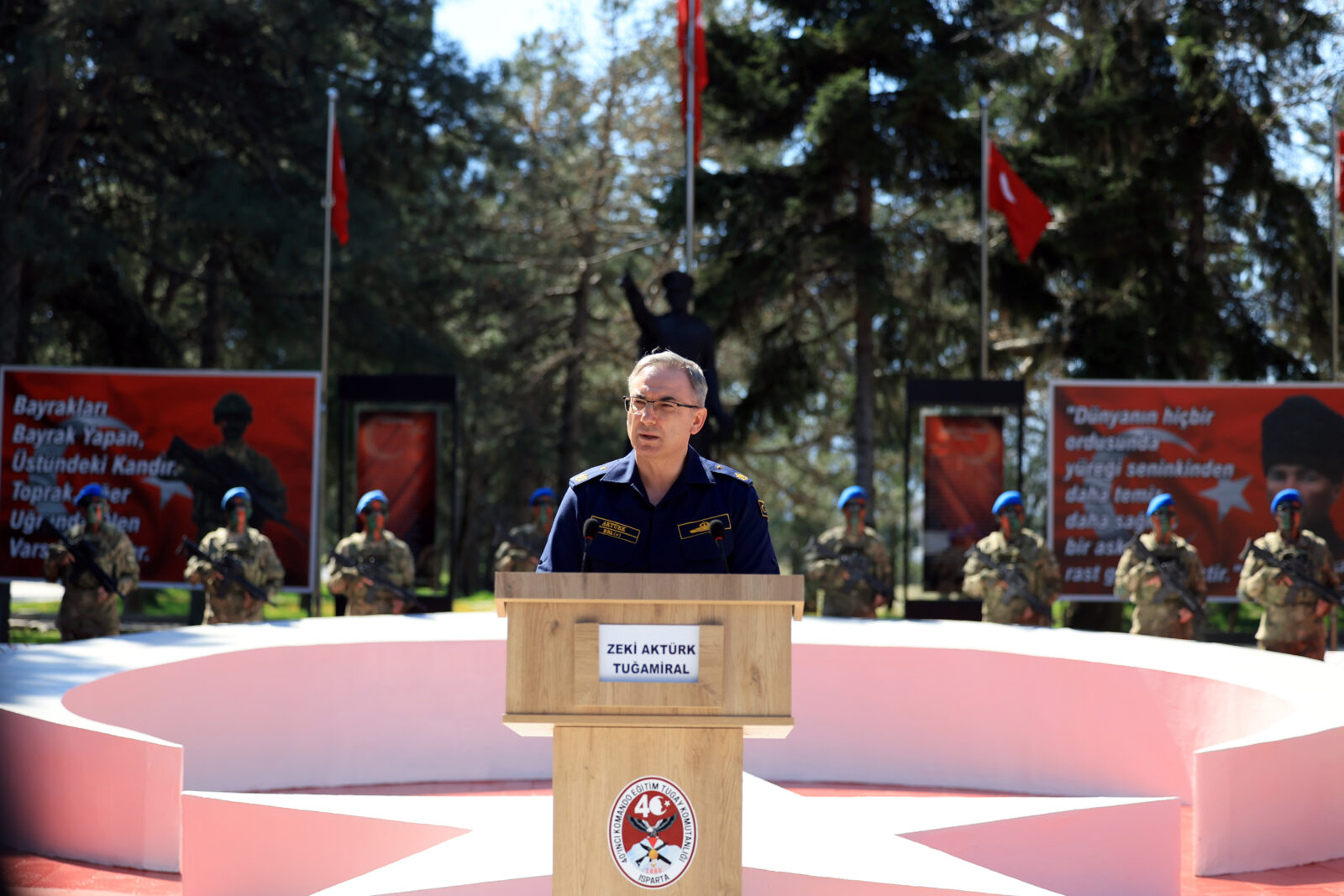 Rear Admiral Zeki Akturk, the Press and Public Relations Advisor of the Ministry of National Defense (MoD) and Spokesperson for the Ministry, made statements during the weekly press briefing held at the 40th Commando Training Brigade Command in Isparta on 17 April, 2025. (AA Photo)
