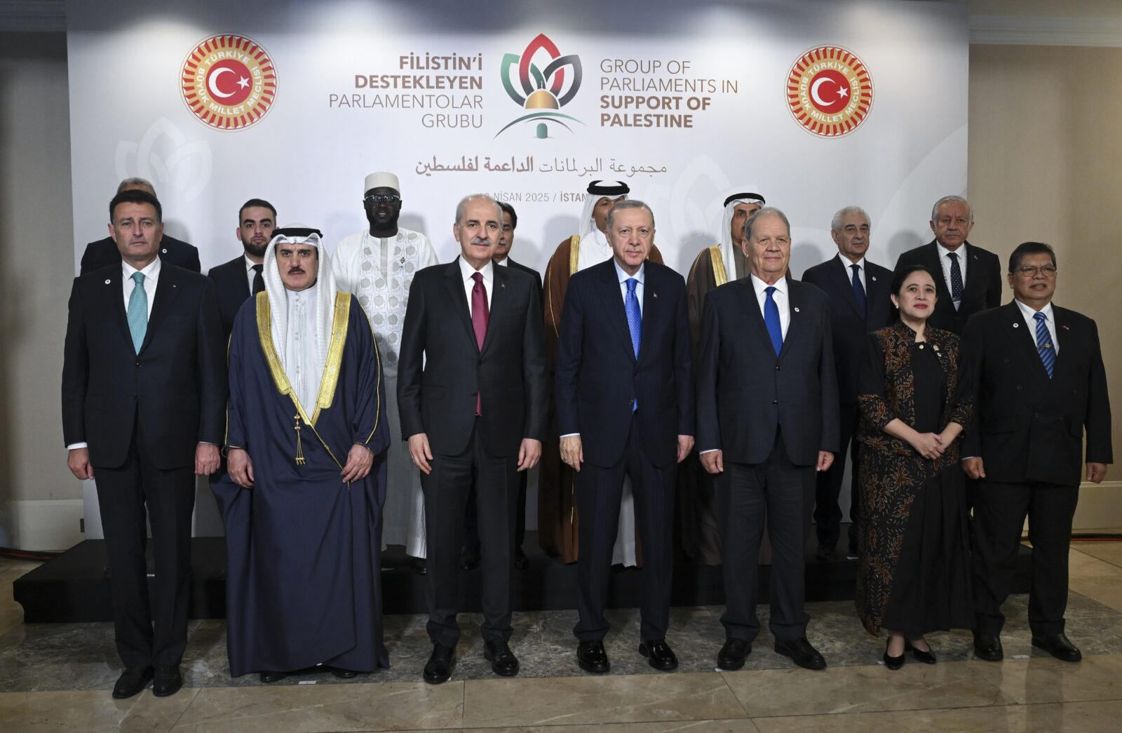 President Recep Tayyip Erdogan (front-C) attends the meeting of the Parliamentary Group in Solidarity with Palestine at Conrad Istanbul Bosphorus in Istanbul, Türkiye, April 18, 2025. (AA Photo)